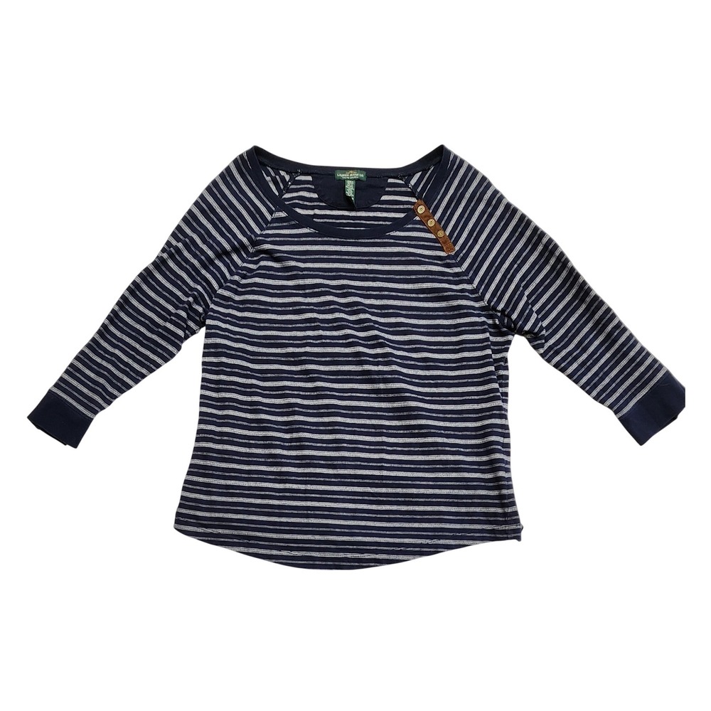 Lauren Ralph Lauren Striped Button Shoulder Shirt Navy Blue White XL Women